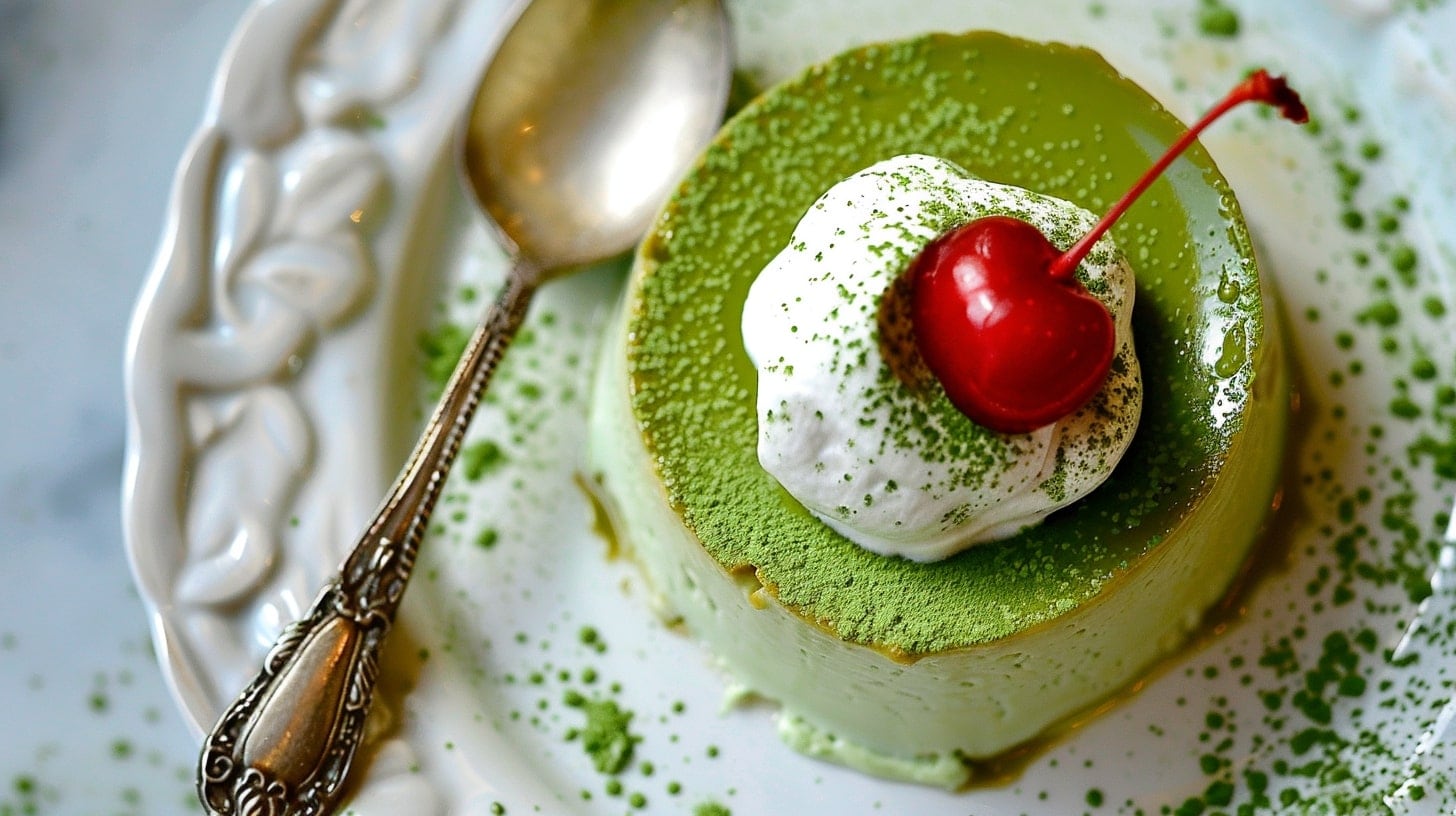 Postre de té verde, flan japonés, receta con matcha, textura cremosa, antioxidantes, postre saludable, presentación elegante, cocina asiática, flan gourmet, sabor único, ingredientes frescos, postre vibrante, delicia japonesa, flan de té, color vibrante - (Imagen Ilustrativa Infobae)