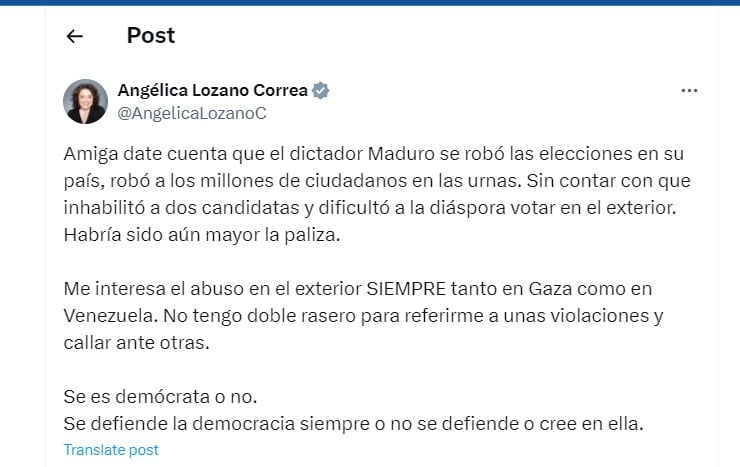 Angélica Lozano cuestionó el resultado de las elecciones en Venezuela - crédito @AngelicaLozanoC