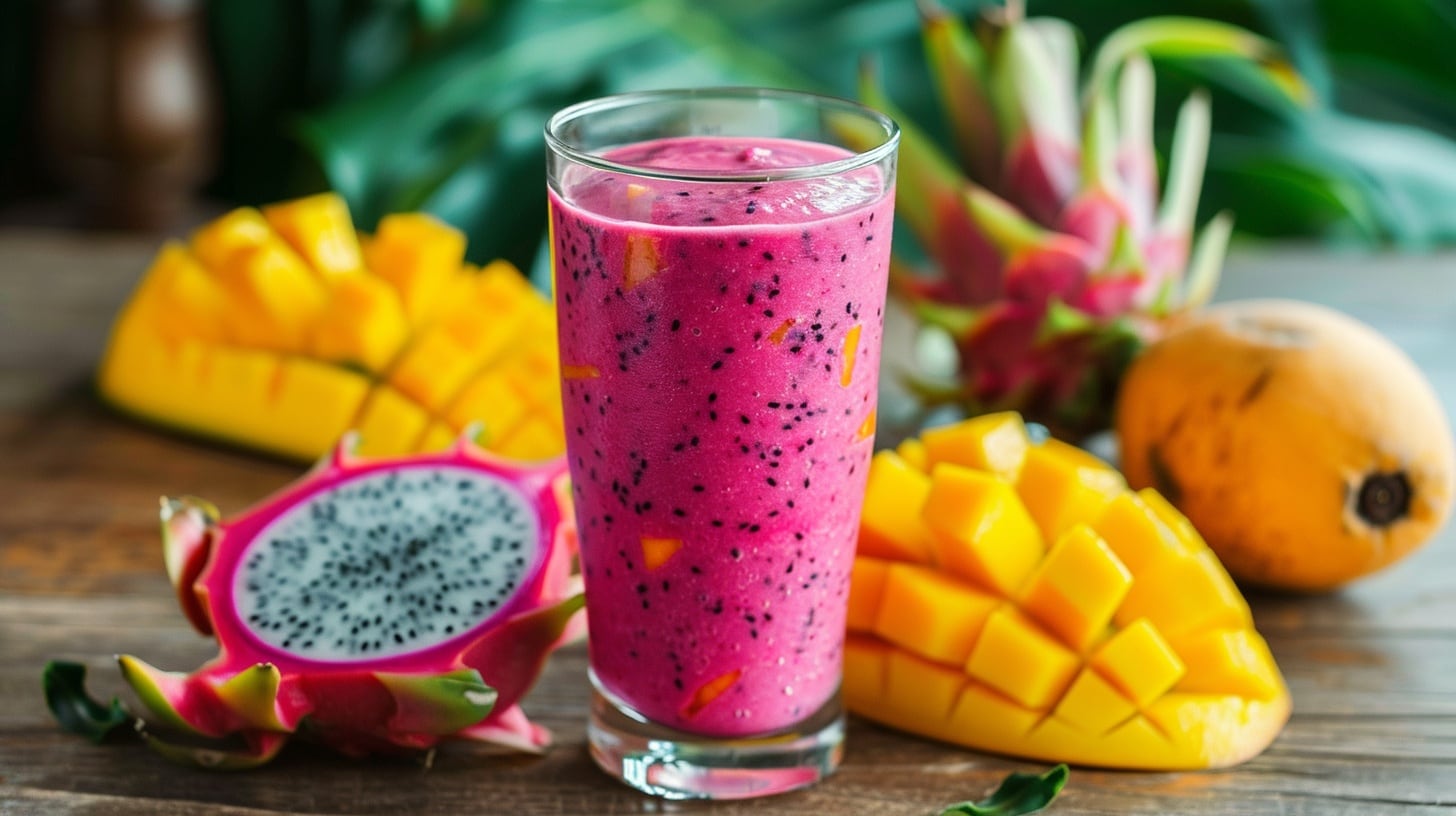 Jugo de pitaya y mango, bebida saludable, exótica y tropical, rica en vitaminas y antioxidantes, refrescante y nutritiva, jugo natural, receta de bebida, energía natural, bienestar con frutas, jugo de frutas tropicales - (Imagen Ilustrativa Infobae)