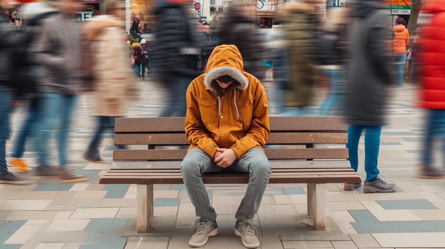 Adolescente sentado solo en un banco, con la cabeza gacha mientras el mundo alrededor se desplaza rápidamente, simbolizando posibles trastornos de ansiedad, depresión o disociación. La fotografía subraya la importancia de identificar y tratar problemas de salud mental en las etapas tempranas de la vida. (Imagen ilustrativa Infobae)