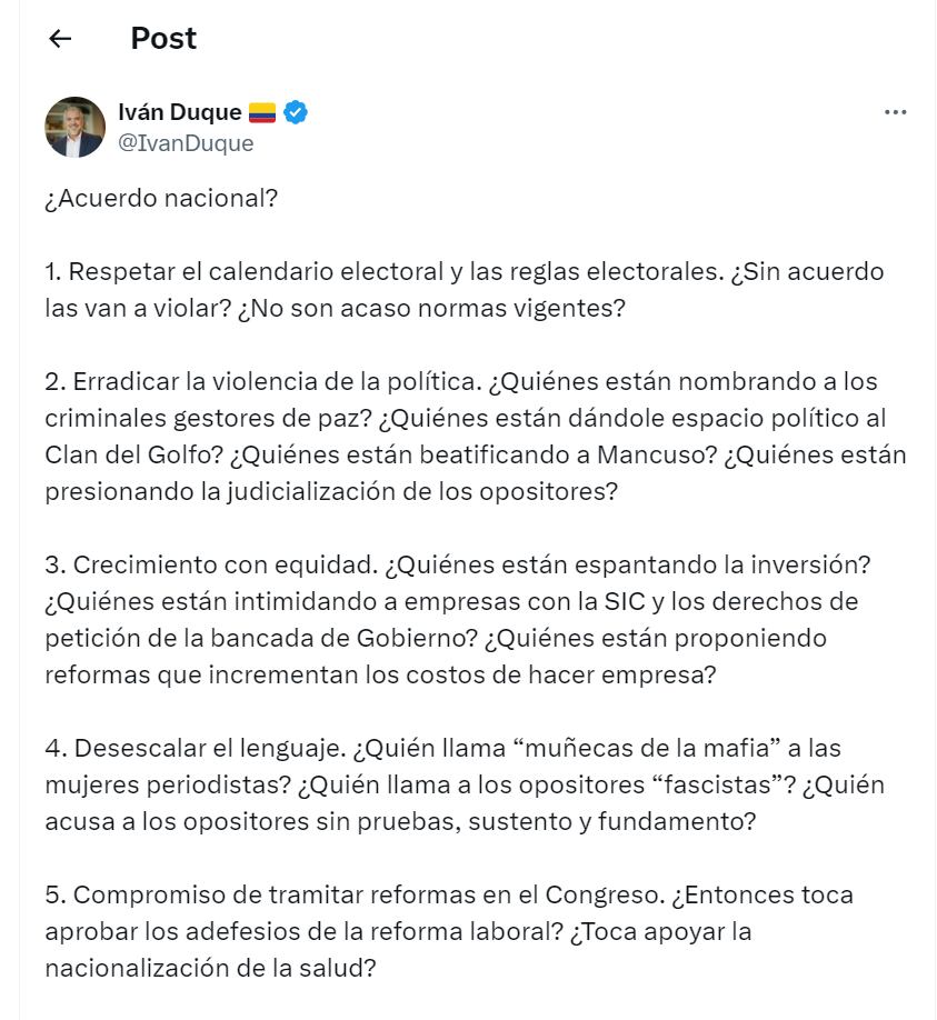 Iván Duque cuestionó legitimidad del Acuerdo Nacional propuesto por Gobierno Petro - crédito X