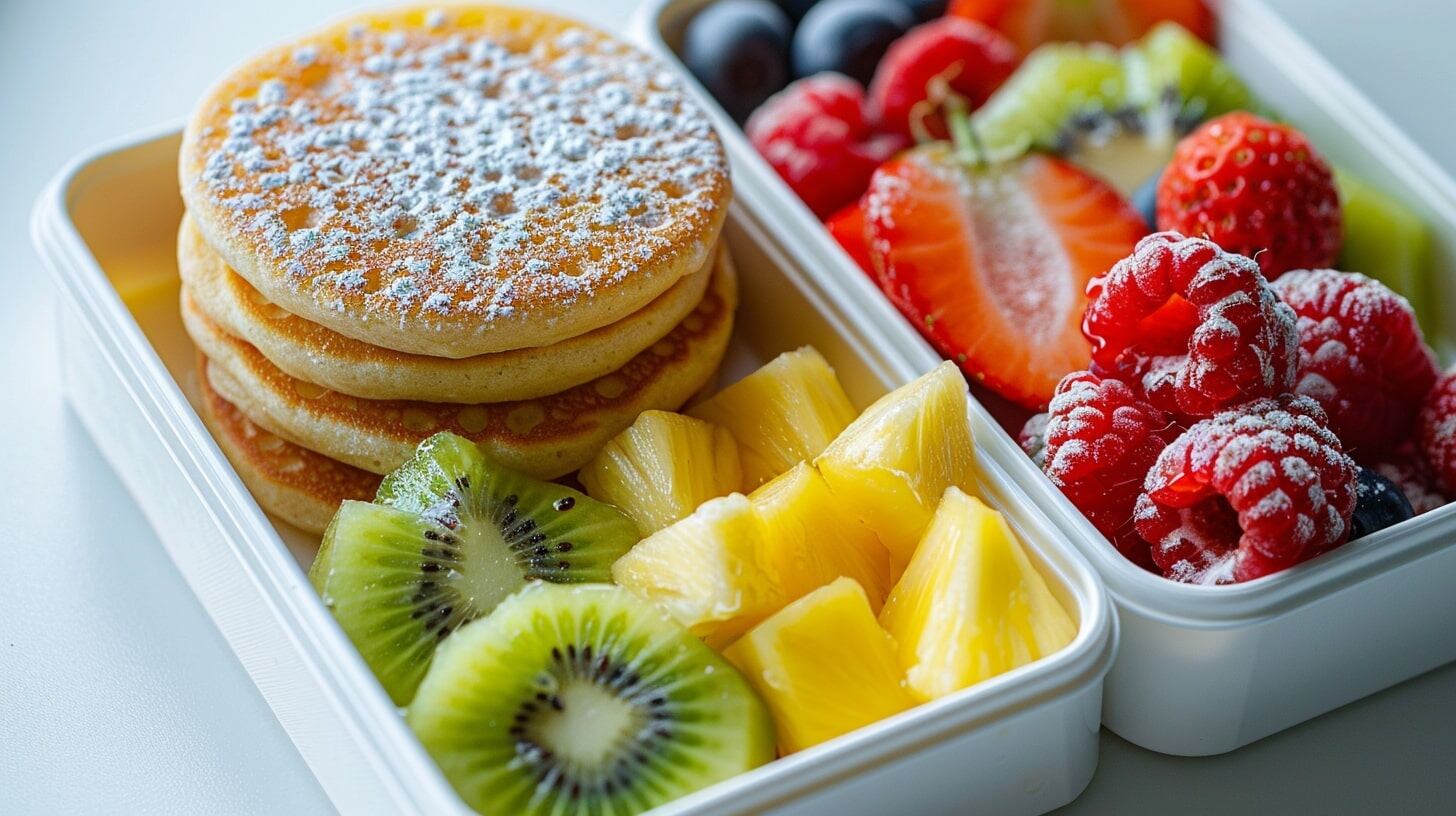 Receta saludable para niños en un tupper o lonchera, acompañada de frutas. Hot cakes de avena, desayuno nutritivo, fácil de preparar y delicioso. - (Imagen Ilustrativa Infobae)