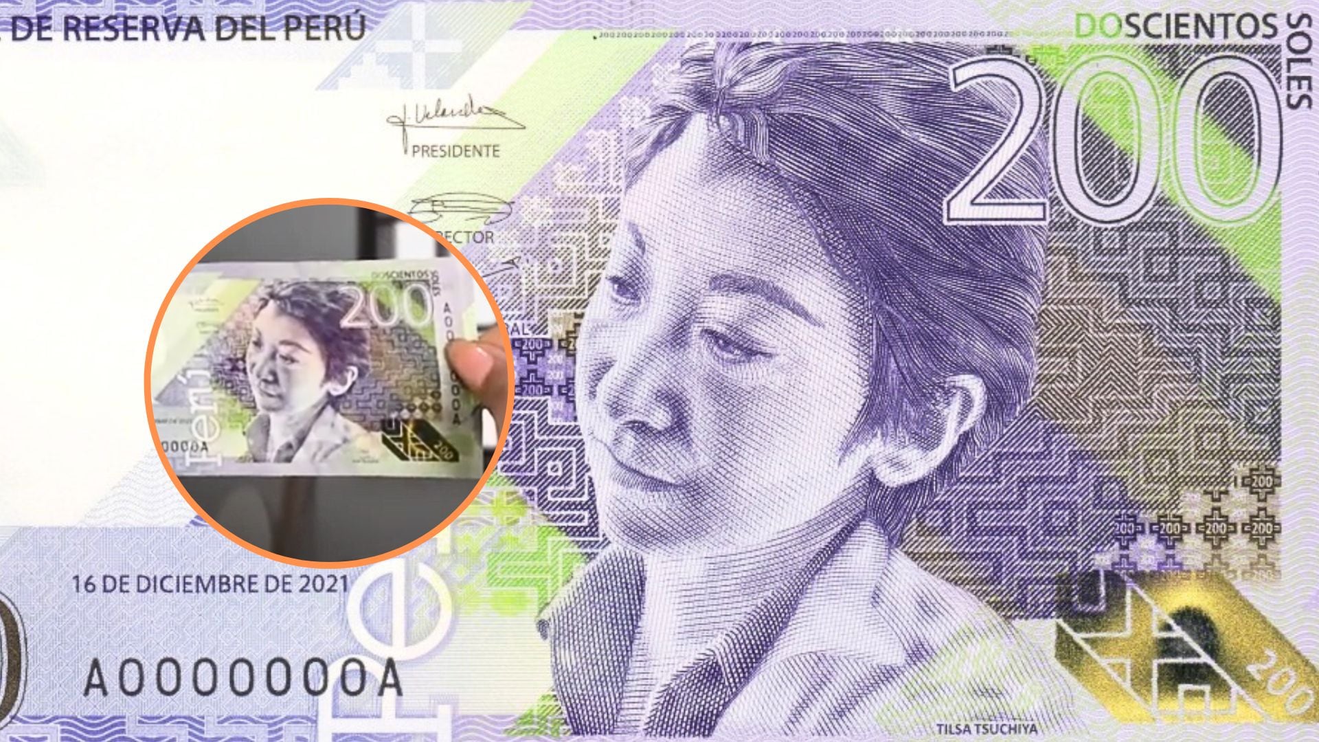 Billete de 200 soles del BCR con Tilsa Tsuchiya y captura de video de cómo ser elementos de seguridad