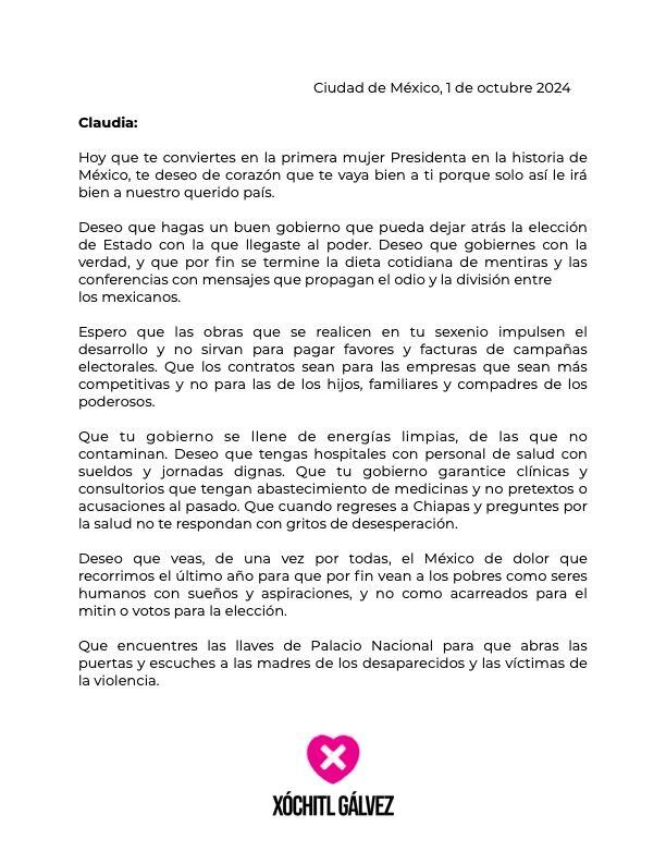 Carta de Xóchitl Gálvez para Claudia Sheinbaum en su toma de protesta.