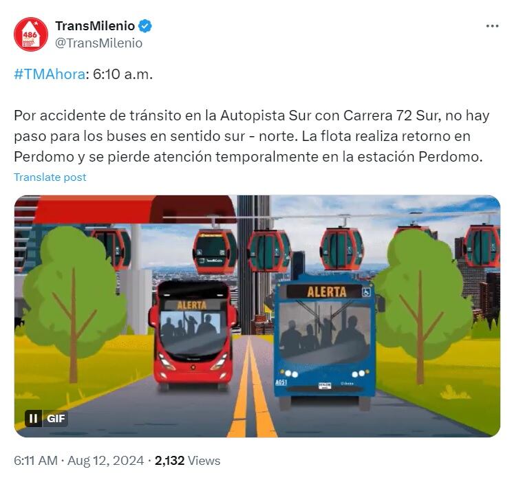 El servicio de Transmilenio se suspendió en una parte de la Autopista Sur por un accidente de tránsito - crédito @TransMilenio/X