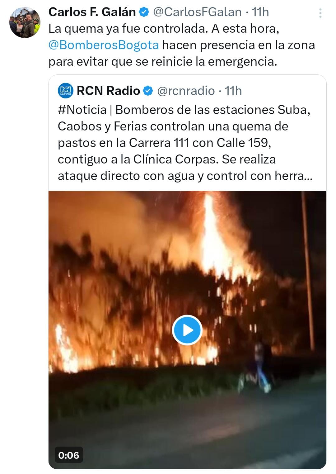 Bomberos de Bogotá lograron controlar incendio que se presento en la localidad en un pastizal - crédito @CarlosFGalán/X