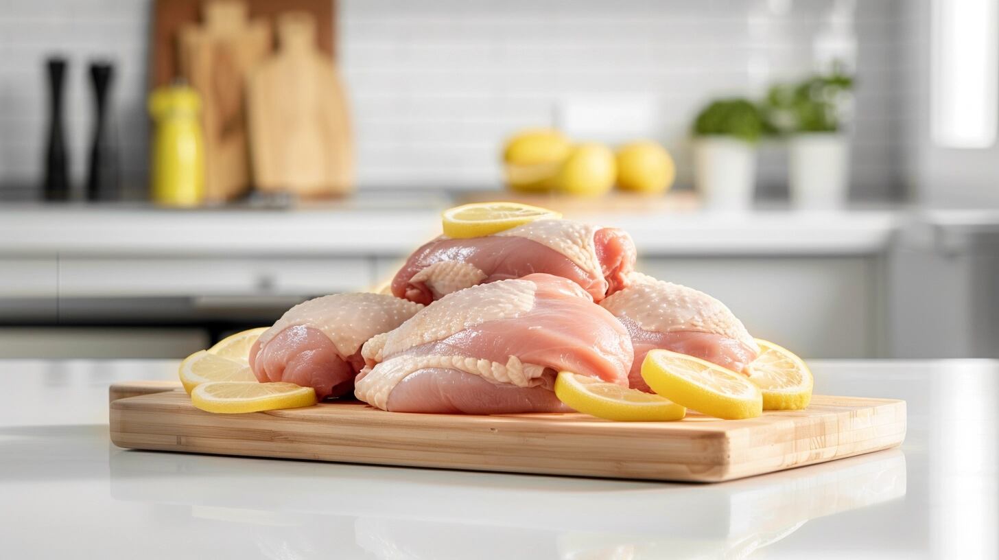 Pechuga y muslo de pollo listos para cocinar, sazonados con limón sobre tabla de cocina, destacando su rol en la alimentación saludable. La imagen enfoca la importancia del pollo como fuente de proteína en la dieta. Palabras clave: preparación de pollo, sazonado con limón, fuente de proteína, alimentación saludable, cocina casera, ingredientes básicos, nutrición esencial, dieta balanceada, proteína magra, ingredientes frescos. (Imagen ilustrativa Infobae)