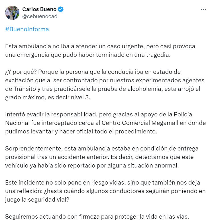 Carlos Bueno aseguró que el conductor iba en "estado de excitación" - crédito @cebuenocad/X