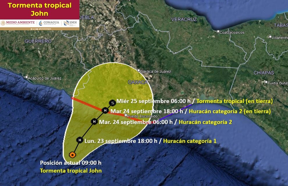 Posible trayectoria de la Tormenta Tropical John; prevén que el lunes 23 de septiembre sea huracán