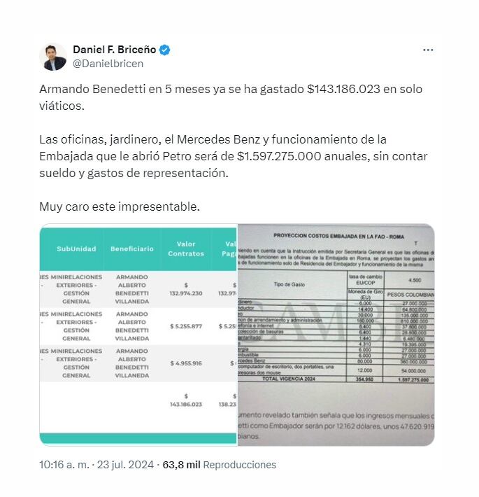 El concejal Daniel Briceño desató una nueva controversia al denunciar en redes sociales que el embajador Armando Benedetti gastó millones en viáticos en solo cinco meses - crédito @Danielbricen/X