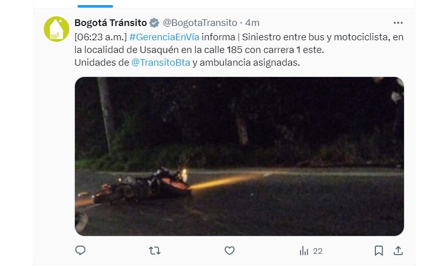 Bogotá Tránsito informa de un accidente de Tránsito en la localidad de Usaquén - crédito @BogotaTransito