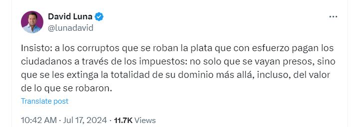 El senador del Centro Democrático insistió en que los corruptos deben pagar con cárcel y extinción de sus bienes - crédito @lunadavid/X