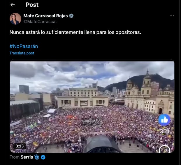 Mafe Carrascal dijo que para la oposición la asistencia a las marchas del Gobierno nunca será suficiente - crédito @MafeCarrascal