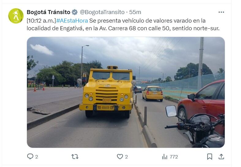 Bogotá Tránsito informa sobre un vehículo de valores en la localidad de Engativá - crédito @BogotaTransito