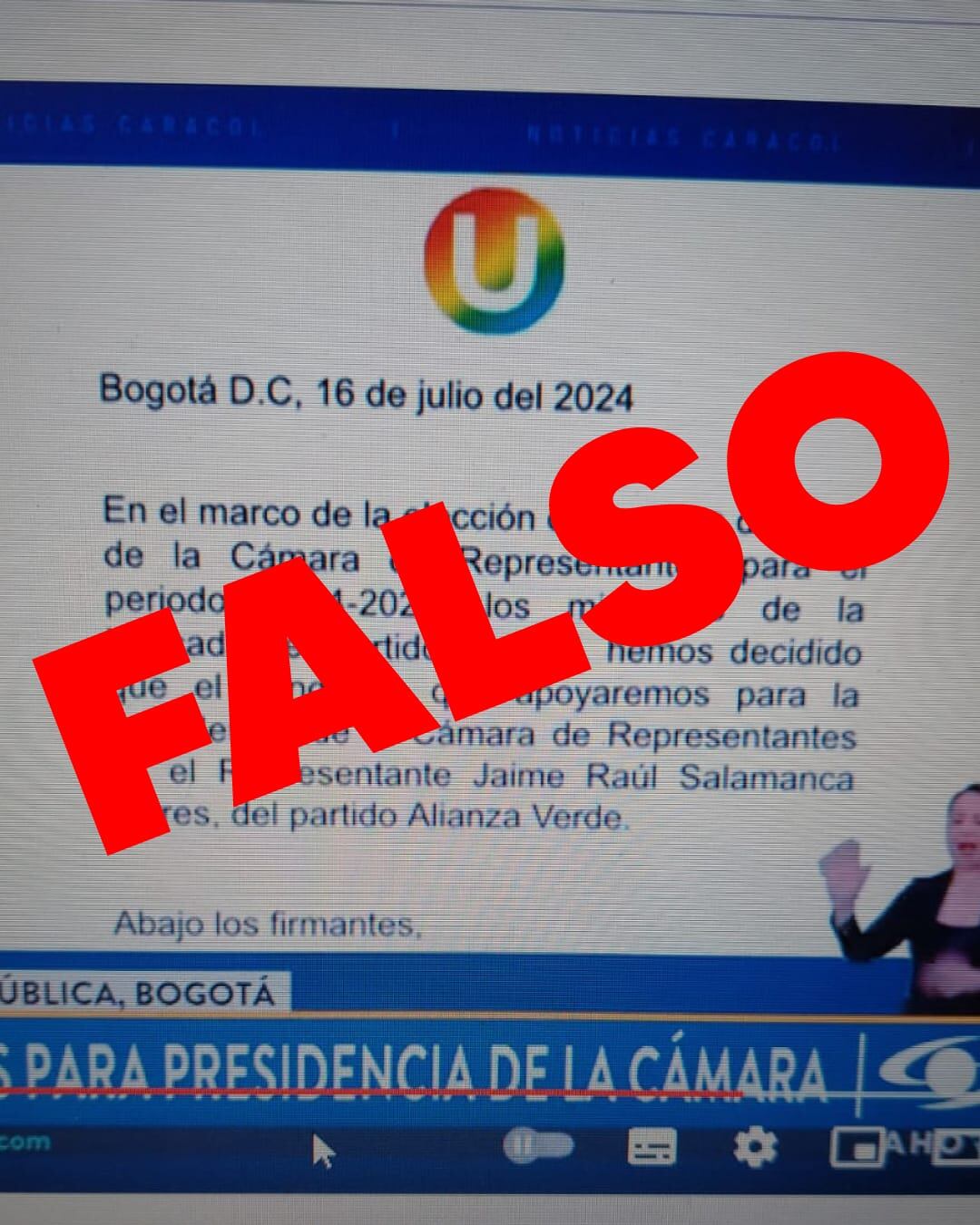 Esta fue la imagen que compartió el partido de La U en su cuenta de X para afirmar que el comunicado es falso - crédito @PartidodelaU/X