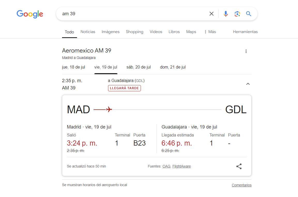 El usuario solo tiene que ingresar el número de su vuelo en el buscador. (Google)