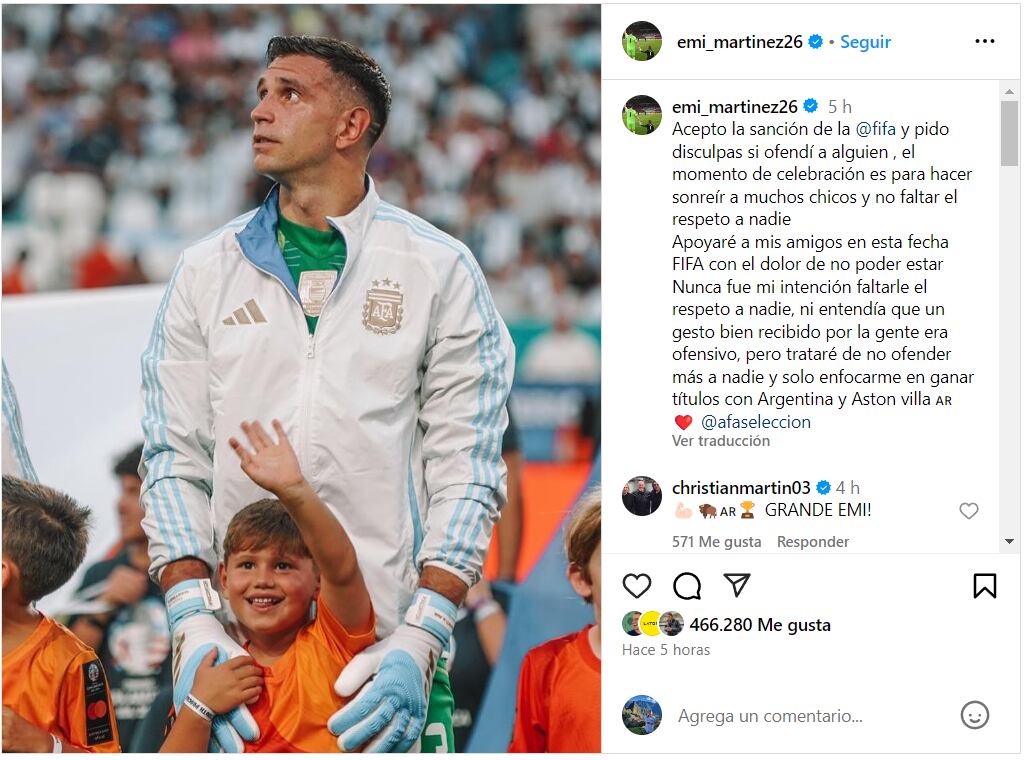 Publicación de Emiliano 'Dibu' Martínez en donde se excusó por las conductas que fueron sancionadas por la FIFA - crédito Instagram / @emi_martinez26