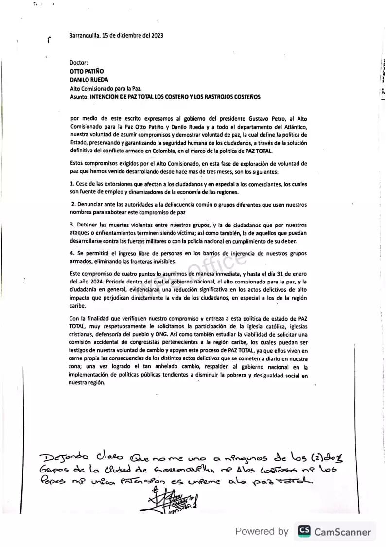 Los Costeños y los Rastrojos enviaron carta al gobierno nacional para que los acepten en la Paz Total - crédito redes sociales