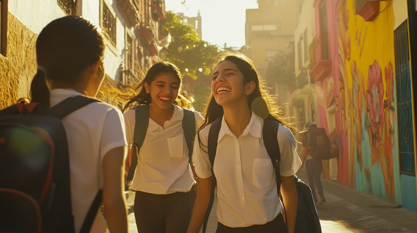 Imagen de adolescentes felices con mochilas, caminando hacia la escuela. Otras opciones: grupo de amigos, estudiantes alegres, regreso a clases. - (Imagen Ilustrativa Infobae)