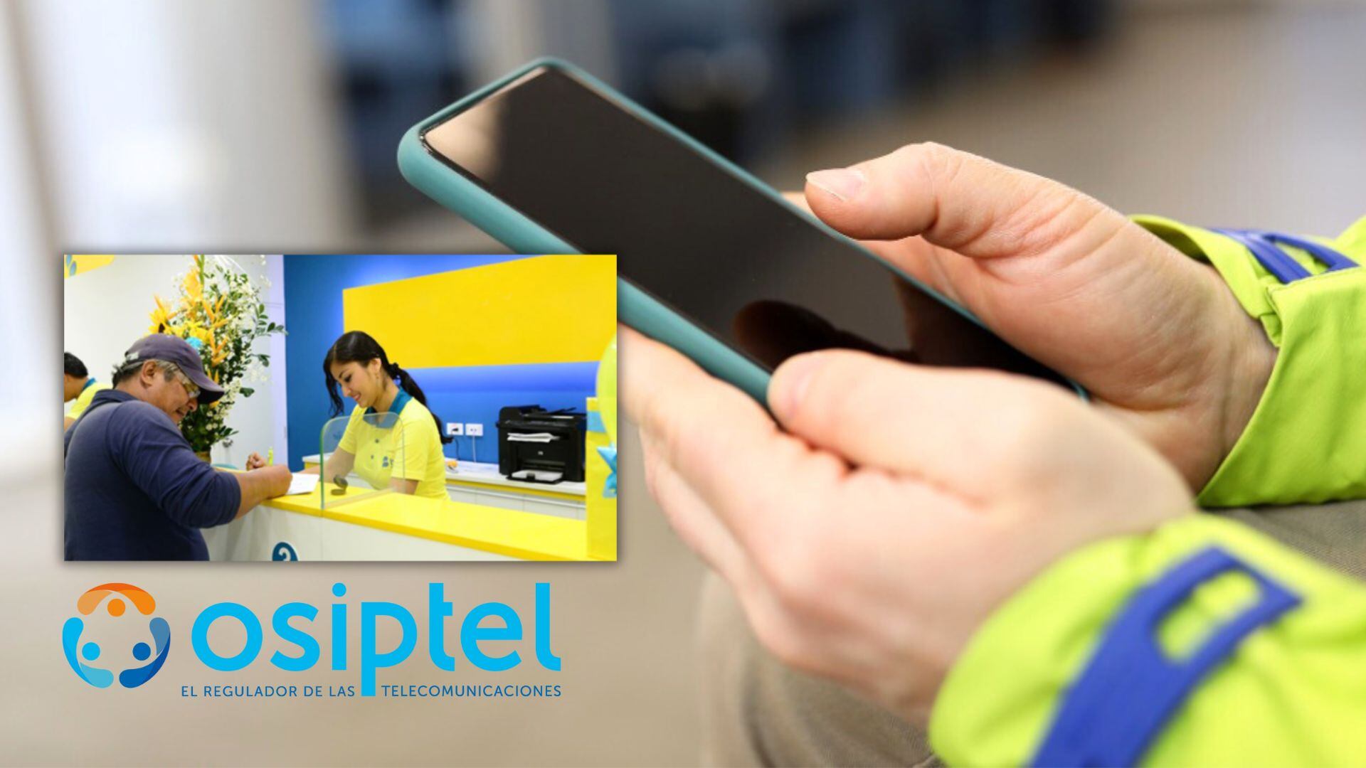 mano con celular, logo de osiptel y foto de persona que atiende a otra en oficina de Bitel