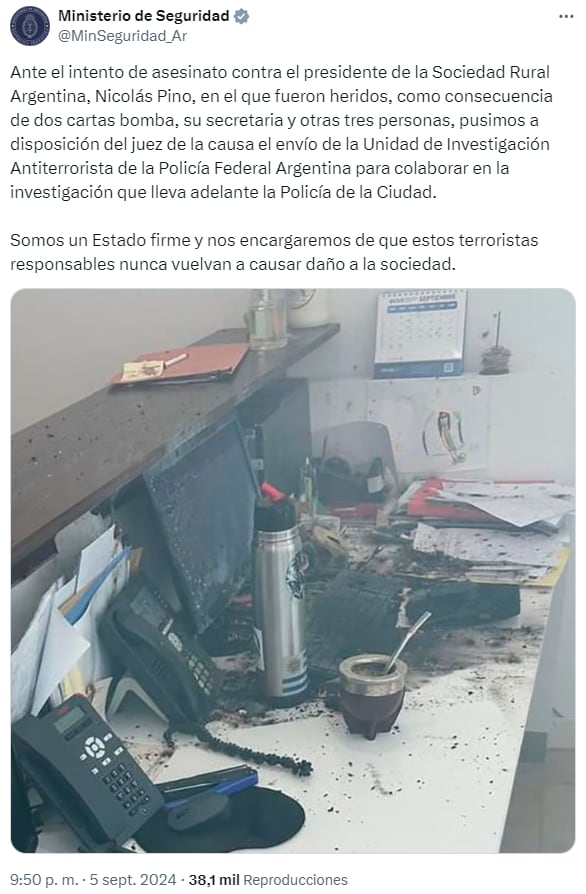 comunicado del Ministerio de Seguridad ataque a la Sociedad Rural