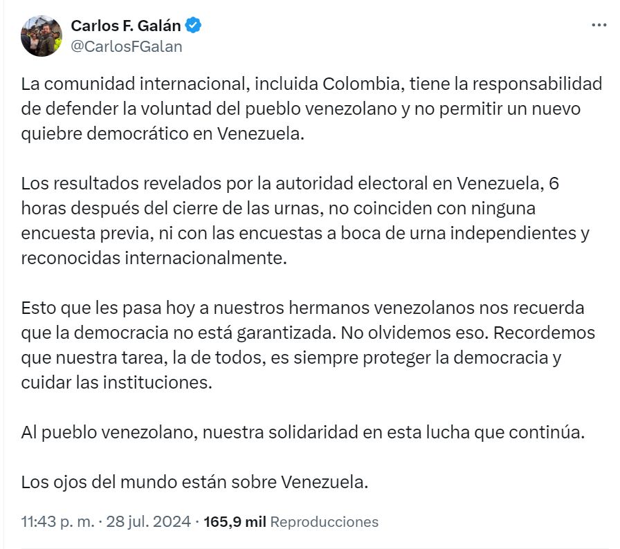 El alcalde Carlos Fernando Galán hizo un llamado a defender la democracia en Colombia y Venezuela - crédito red social X