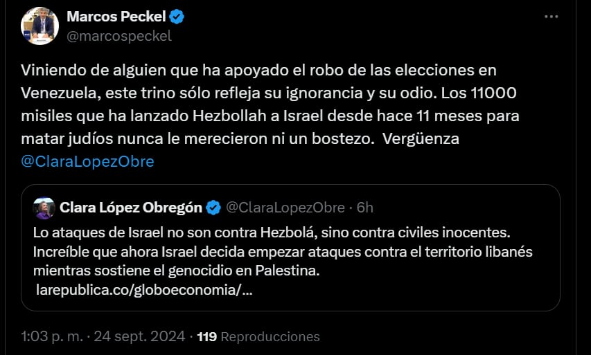 Marcos Peckel y su respuesta a Clara López - crédito X