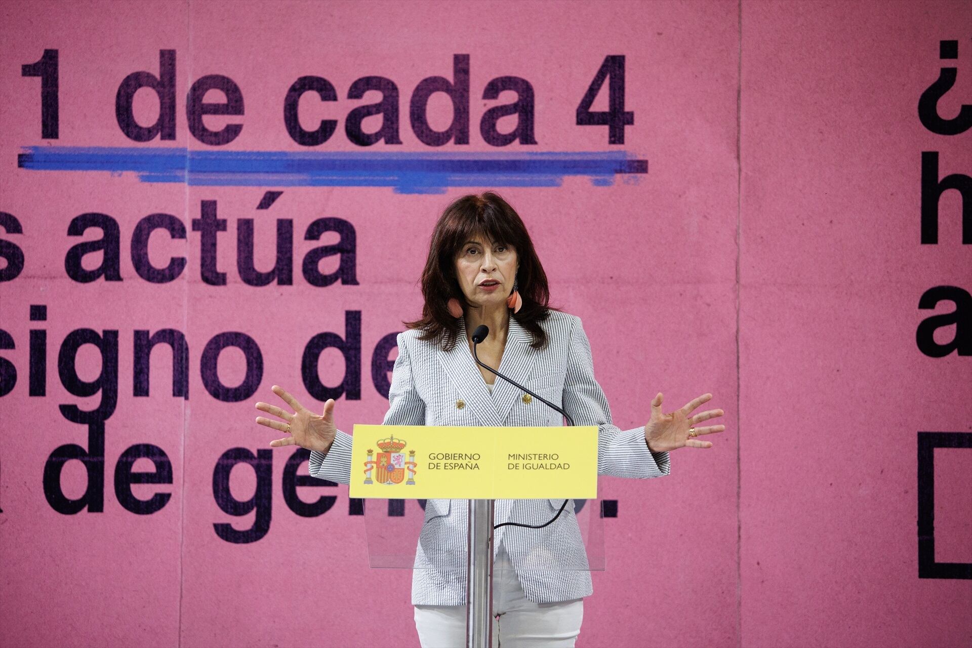 La ministra de Igualdad, Ana Redondo, en la presentación de una campaña contra la violencia de género. (Alejandro Martínez Vélez / Europa Press)