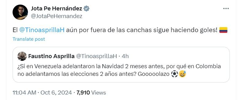 El senador respaldó la propuesta del exjugador de futbol colombiano - crédito @JotaPeHernandez/X