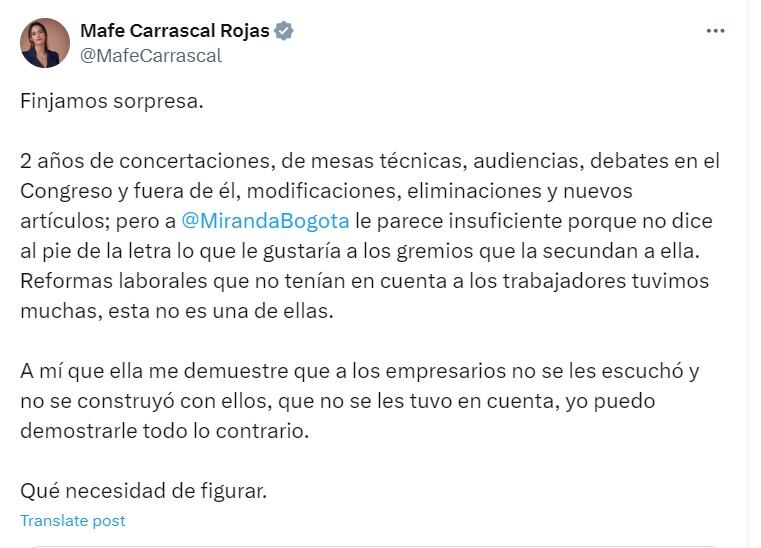 La congresista del Pacto Histórico indicó que la reforma ha tenido dos años de concertaciones con todos los sectores del país - crédito @MafeCarrascal/X