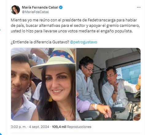 La senadora María Fernanda Cabal explicó por qué se reunió con el presidente de Fedetranscarga - crédito @MariaFdaCabal/X