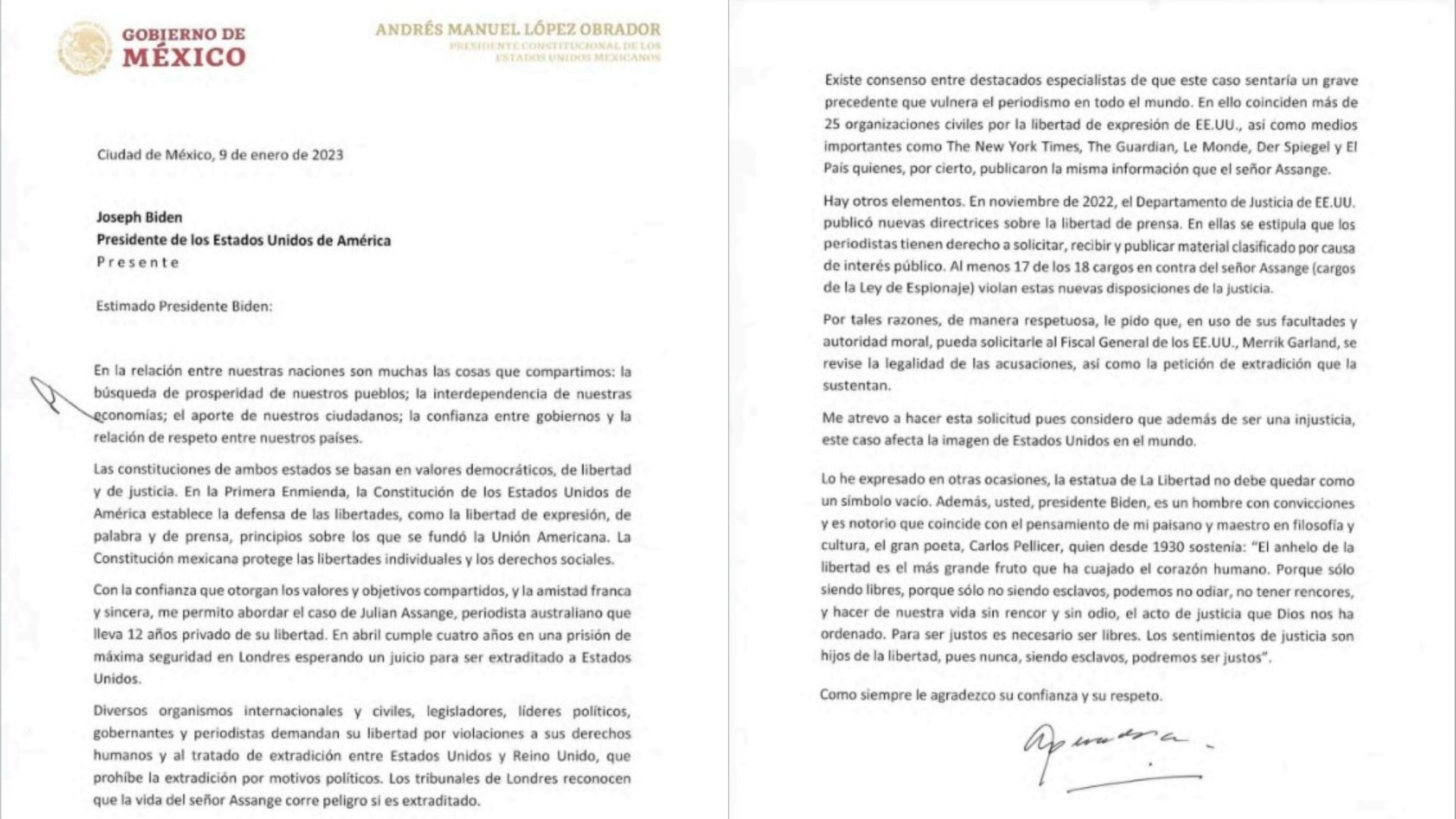 AMLO reveló la carta que envió a Biden a favor de Assange. | Gobierno
