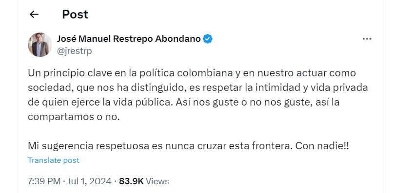 José Manuel Restrepo invitó a respetar la intimidad del presidente Gustavo Petro - crédito @jrestrp