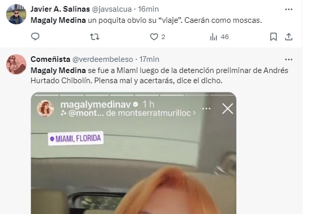 Usuarios especulan sobre ausencia de Magaly Medina del país y su coincidencia con la detención de Andrés Hurtado. Twitter.