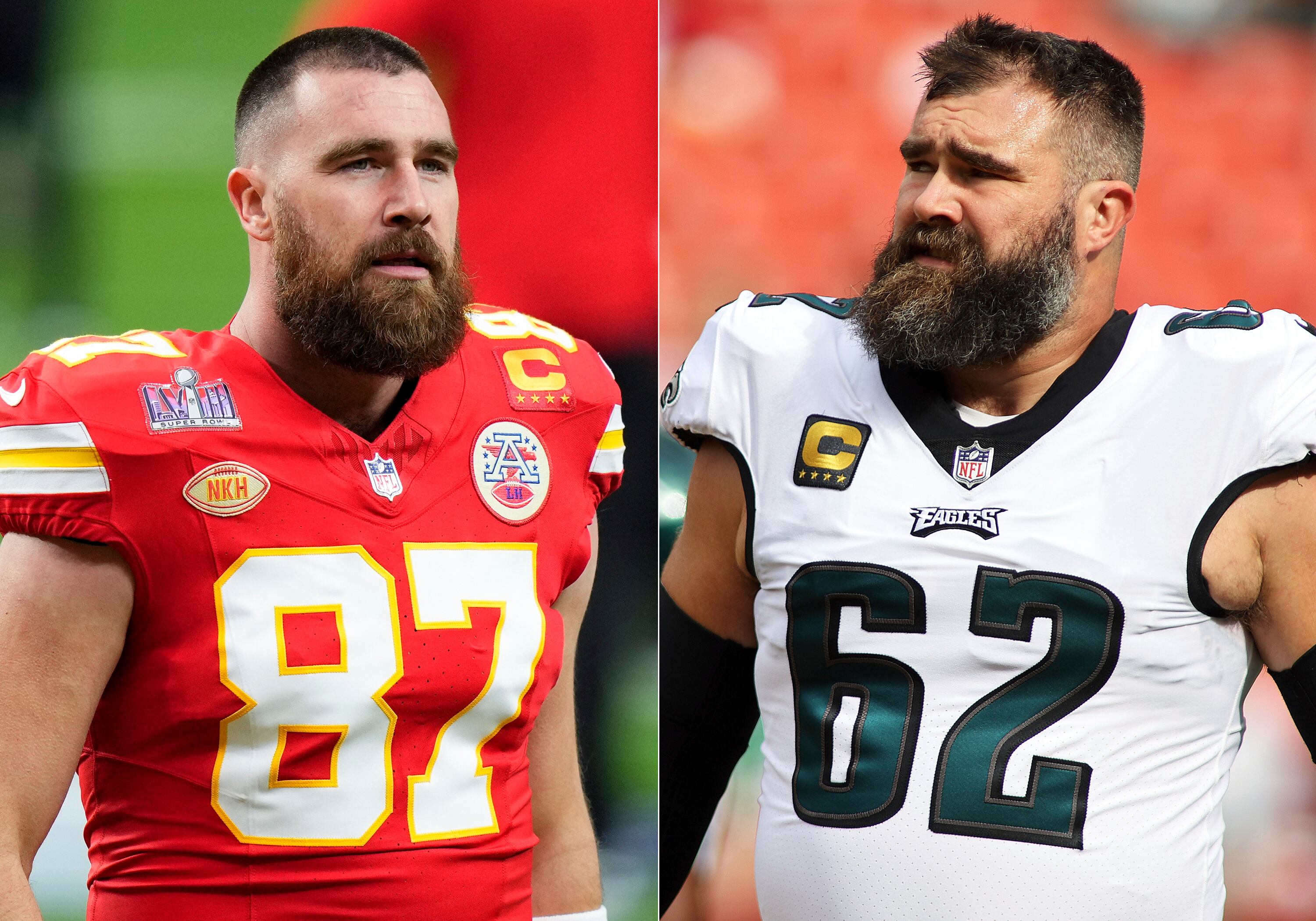 Donna describió a Travis Kelce como un buen tío y a su hermano Jason como un excelente padre de familia (Foto AP/Frank Franklin II, izquierda, y AP Photo/Daniel Kucin Jr.)