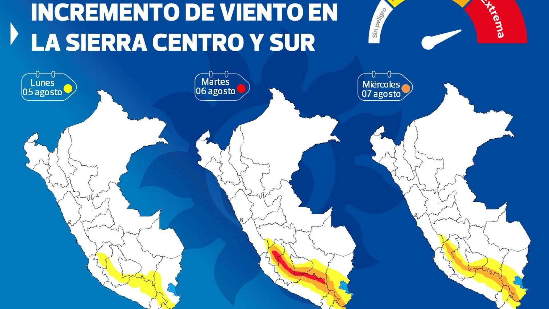 El martes 6 de agosto, se prevén vientos con velocidades superiores a los 40 kilómetros por hora, según el Senamhi.