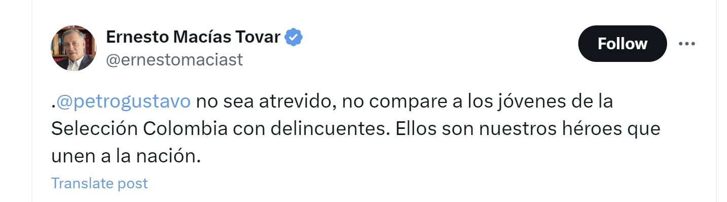 Ernesto Macías aseguró que los jugadores de la selección Colombia son "héroes" - crédito @ernestomaciast/X