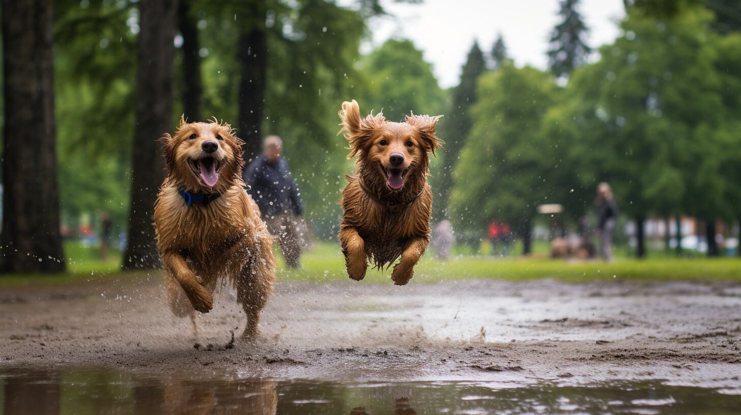 Imagen de perros jugando en un charco de lodo bajo la lluvia. Su alegría y vitalidad canina son evidentes en esta escena llena de diversión y cuidado. (Imagen ilustrativa Infobae)