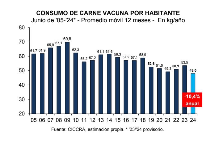 Consumo de carne vacuna en junio de 2024 en Argentina