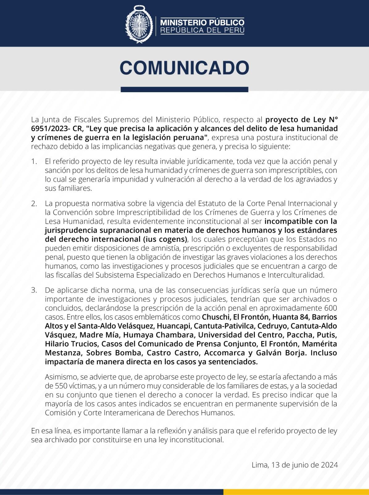 Comunicado del Ministerio Público