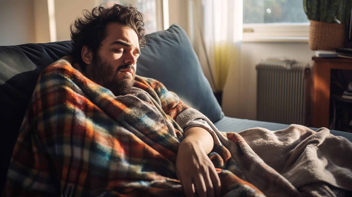 Imagen de un joven durmiendo agotado en un sillón, cubierto por una manta. Refleja el cansancio tras una jornada de trabajo intensa y falta de descanso. (Imagen ilustrativa Infobae)