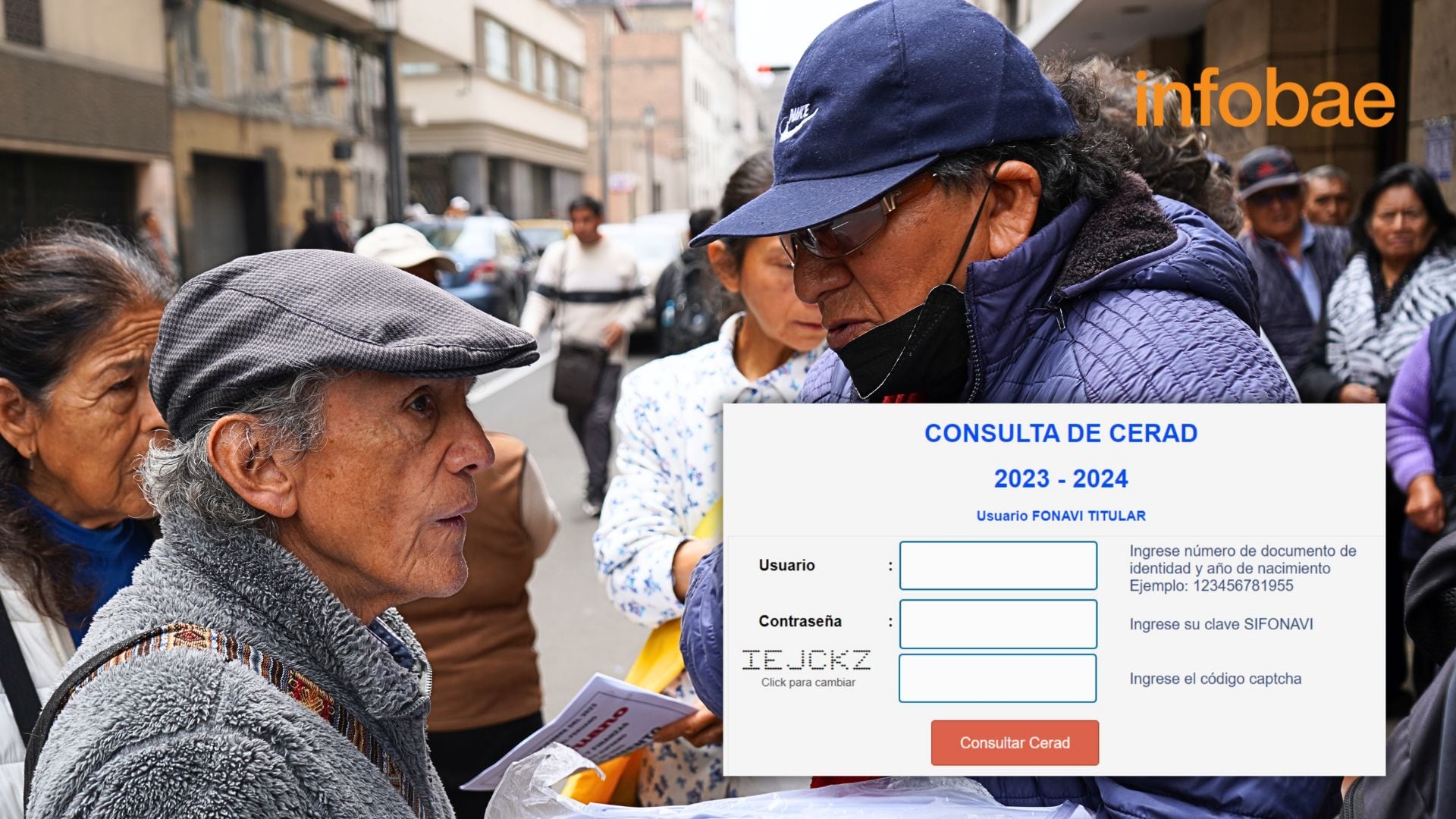 Composición de imagen con captura de Secretaría Técnica del Fonavi y fonavistas conversando en cola del Fonavi en el Centro de Lima