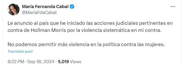 La congresista de oposición anunció que demandará a Hollman Morris, actual gerente de Rtvc, por violencia política contra la mujer - crédito @MariaFdaCabal/X