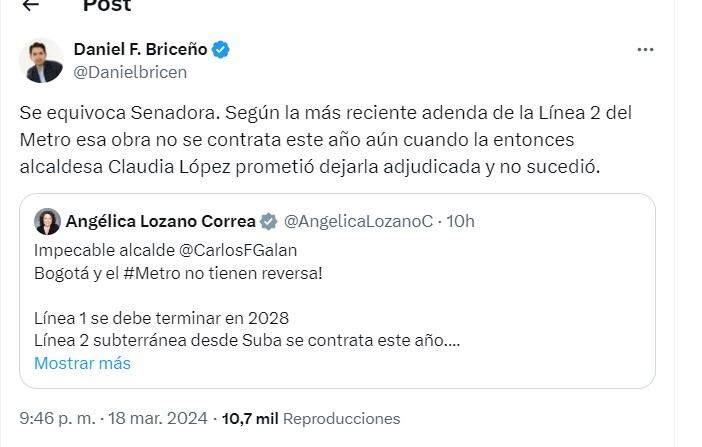 Daniel Briceño refuta a Angélica Lozano por el metro de Bogotá - crédito @DanielBricen