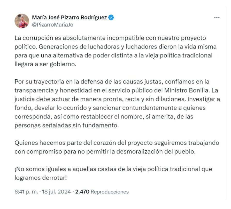 María José Pizarro y su apoyo a Ricardo Bonilla