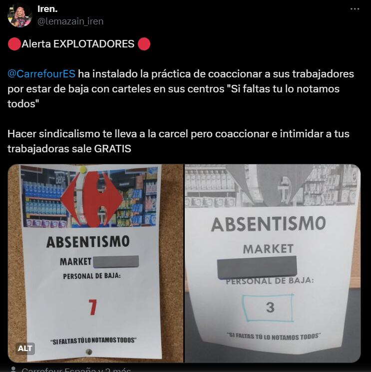 Carteles con el número de personas de baja en Carrefour (@lemazain_iren en X)