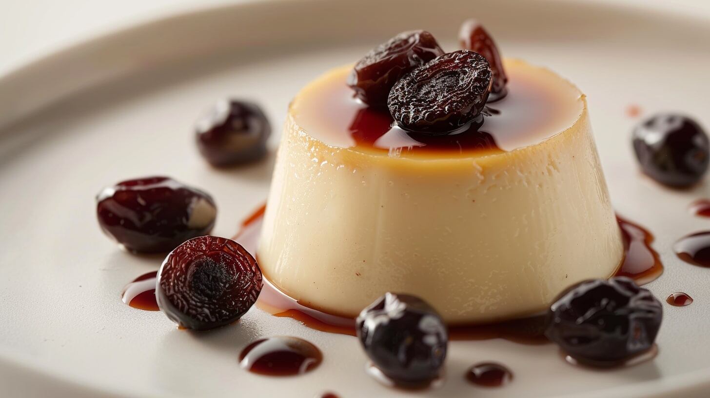 Postre, flan, ciruelas, caramelo, oscuro, sabor, receta, cocina, textura, comida, festivo, dulce, tentación, elegante, sobremesa - (Imagen Ilustrativa Infobae)