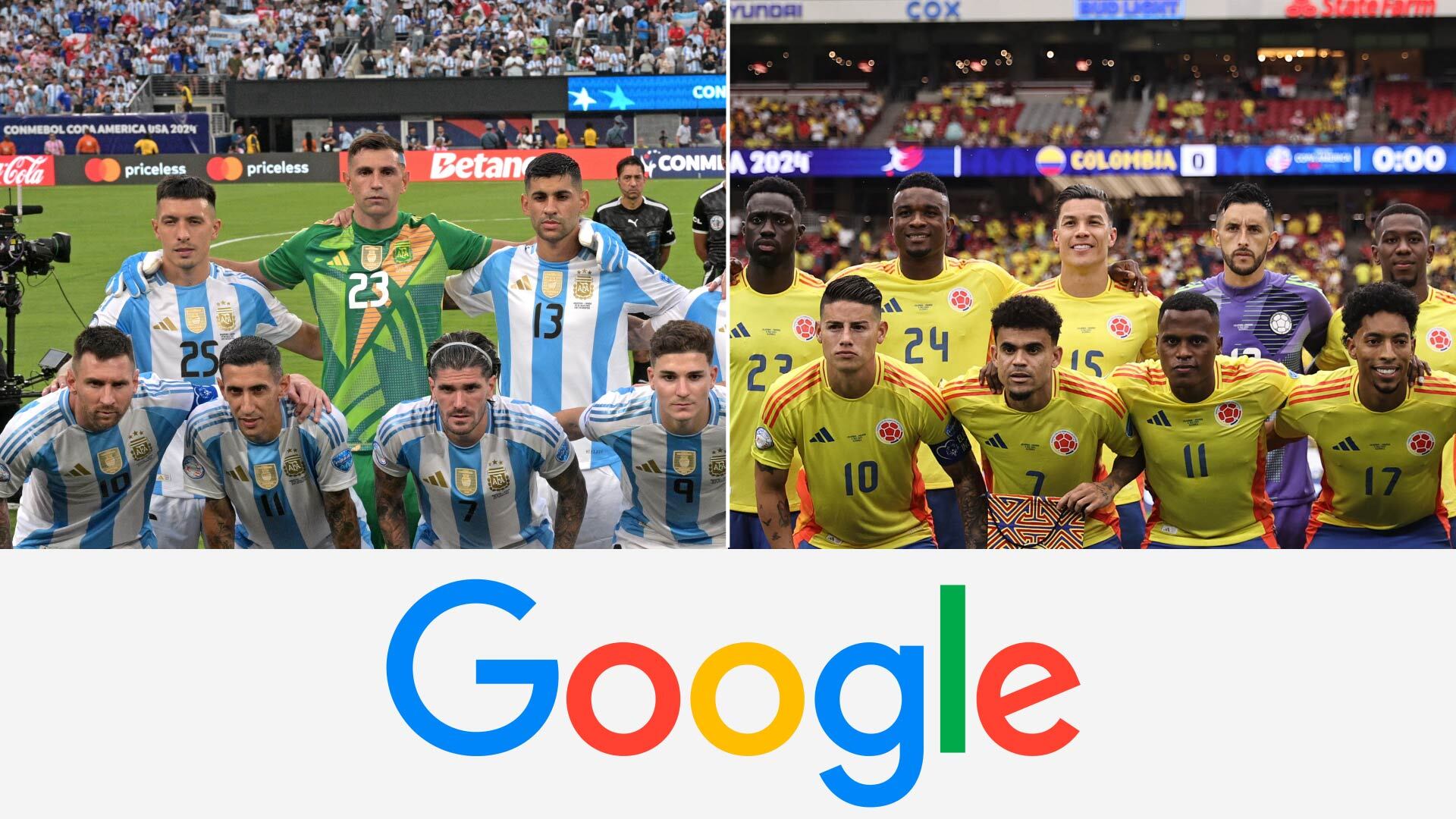 selección Argentina y selección Colombia con el logo de Google