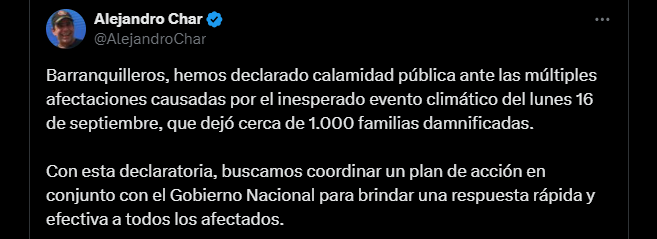 El alcalde confirmó medidas ante la tragedia registrada el 16 de septiembre - crédito Alejandro Char / X