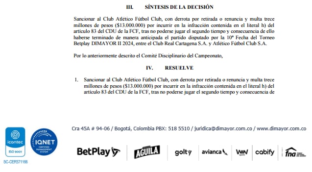 Esta es la síntesis de la sanción al cuadro vallecaucano - crédito página oficial de la Dimayor